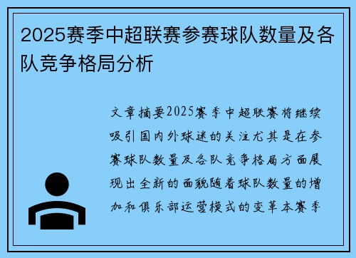 2025赛季中超联赛参赛球队数量及各队竞争格局分析